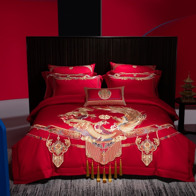 重工刺绣龙凤被套高端结婚四件套140支喜被婚嫁婚庆纯棉床上用品,床上用品,婚庆床品套件,淘宝优惠券,粉丝福利购,淘宝优惠卷
