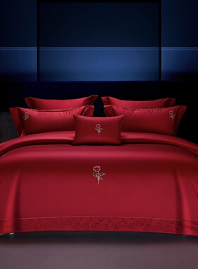 LOOPS LOVE高端新中式140S长绒棉纯棉结婚四件套大红色婚庆多件套