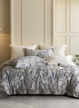 LOOPS LOVE轻奢高端100支天丝棉磨毛四件套灰色树枝图案床品套件4