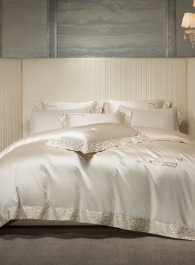 LOOPS LOVE轻奢优雅风白色刺绣花边四件套纯棉高档公主风床品套件