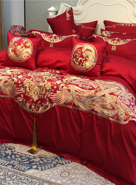 重磅200万针刺绣被套婚庆床上用品红色纯棉贡缎床单结婚四件套