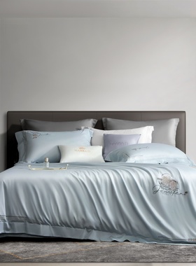 新款轻奢高级感140S天丝棉四件套高档精致刺绣浅蓝色床上用品套件