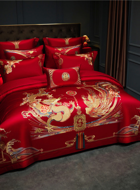意大利进口埃及棉红色提花喜被结婚四件套高奢定制婚庆床上用品