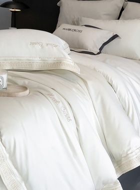 2025新品现代简约风全棉四件套高级感长绒棉刺绣被套轻奢白色床品