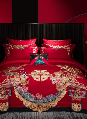 高级感中式婚庆床上用品大红色喜庆刺绣被套结婚高端婚礼四件套