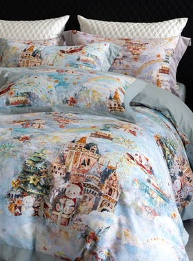 LOOPS LOVE卡通印花120S长绒棉四件套高档床品套件浪漫蓝色学生风