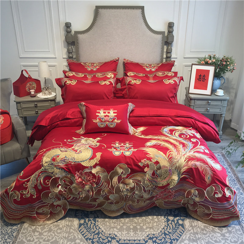 重磅金线龙凤刺绣被套婚庆床上用品140支长绒棉红色结婚四件套
