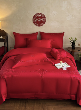 LOOPS LOVE高档婚嫁刺绣140支长绒棉四件套高级感全棉喜被大红色4