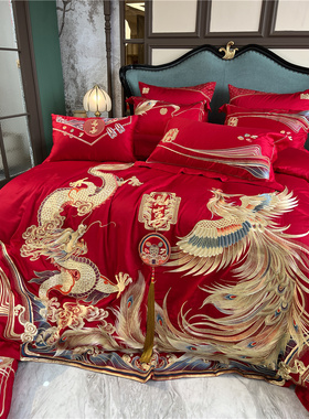 140支暗纹红色被套婚庆床上用品 400万针樱花刺绣龙凤结婚四件套