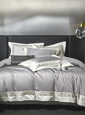 轻奢高级感160支匹马棉四件套灰色拼接亲肤高档床上用品四季通用