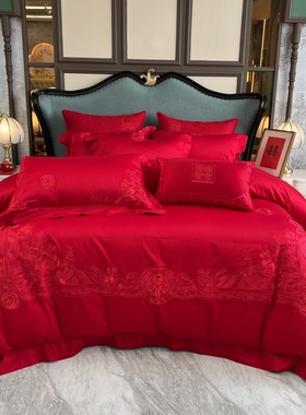 高端红色结婚四件套樱花刺绣婚房被套婚礼喜被高级感婚庆床上用品