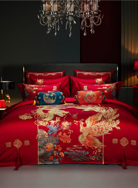重磅高奢800T长绒棉提花红色被套结婚四件套龙凤刺绣婚庆床上用品
