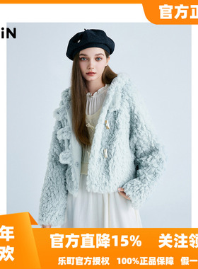 【商场同款】乐町2025秋季新款蓝色连帽短款厚毛毛外套C1AEF1214