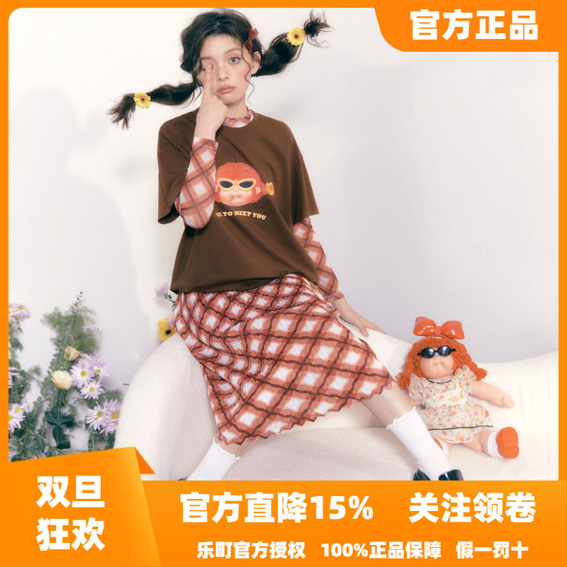 乐町印花复古直筒裙秋季中长半身裙红格纹碎花印花俏皮少女设计感