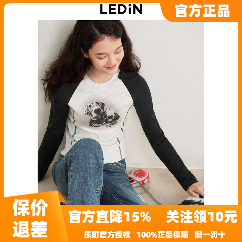 乐町美式复古风秋季新款撞色插肩袖斑点狗印花修身长袖T恤