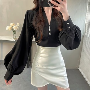 春装 时尚 衬衣纯色宽松灯笼袖 女2025新款 雪纺上衣 重工钉珠V领衬衫