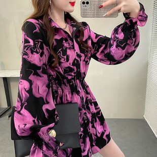 显瘦收缩腰喇叭袖 法式 翻领衬衫 印花中长款 衬衣女秋 高级感上衣时尚