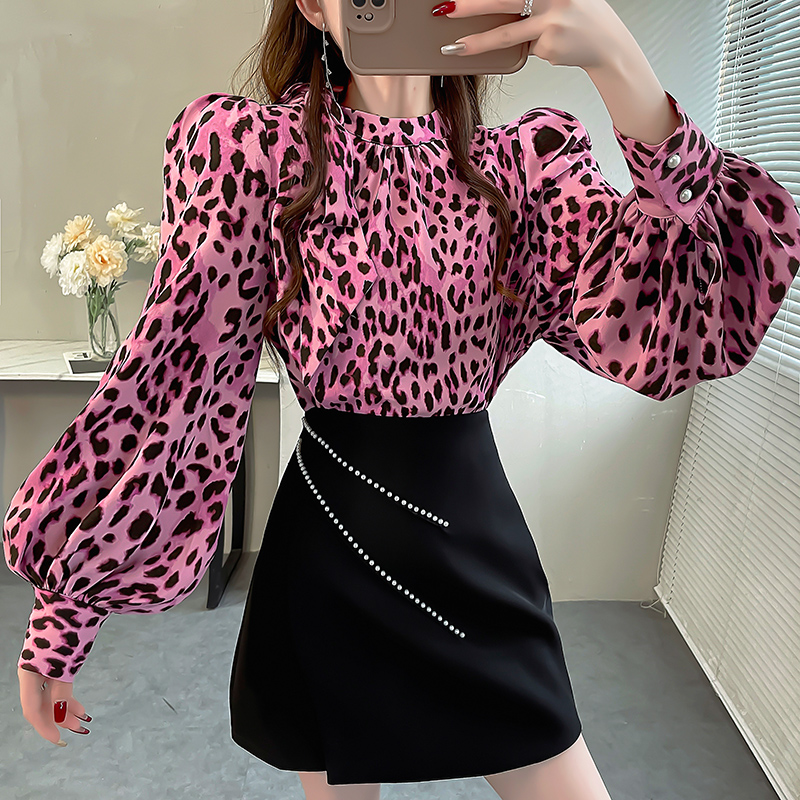长袖豹纹系带蝴蝶结衬衫宽松