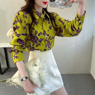 女显瘦气质翻领雪纺上衣女春 衬衣轻奢高级感衬衫 法式 洋气碎花长袖