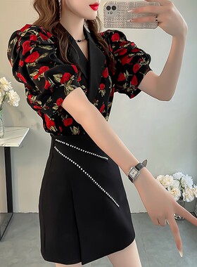 夏季独特漂亮国风上衣显瘦西装领衬衣女名媛碎花泡泡短袖雪纺衬衫