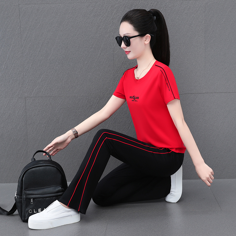 品牌运动服装套装女2025夏季新款洋气冰丝短袖T恤休闲女装两件套