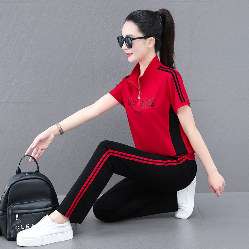 夏季薄款运动套装女2026新款大码时尚冰丝短袖T恤休闲跑步两件套