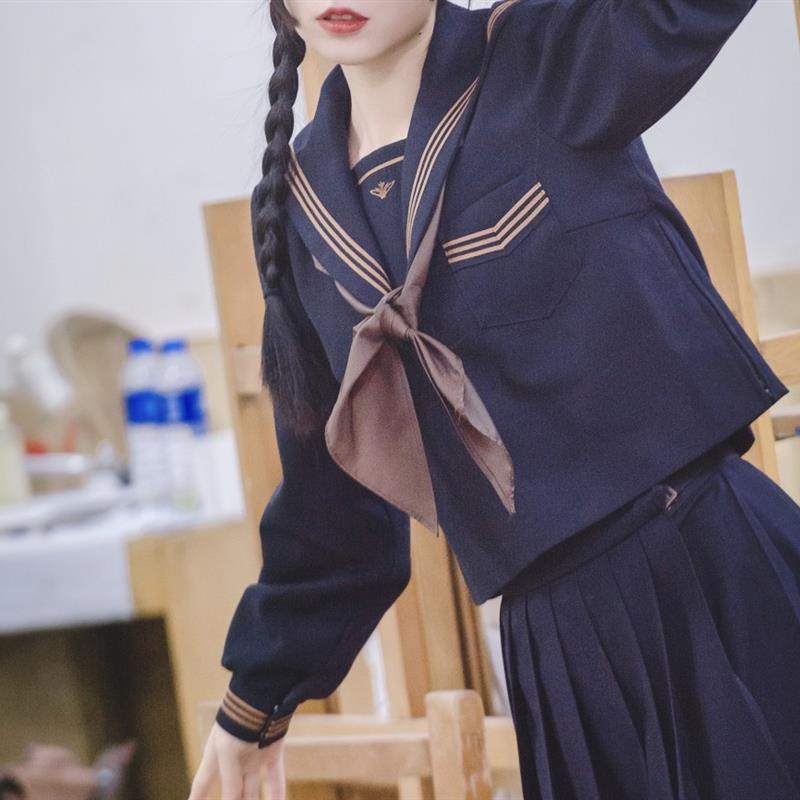 茶羽中浓绀色 月野HOUSE茶三本中间服日系jk制服裙正版水手服套装