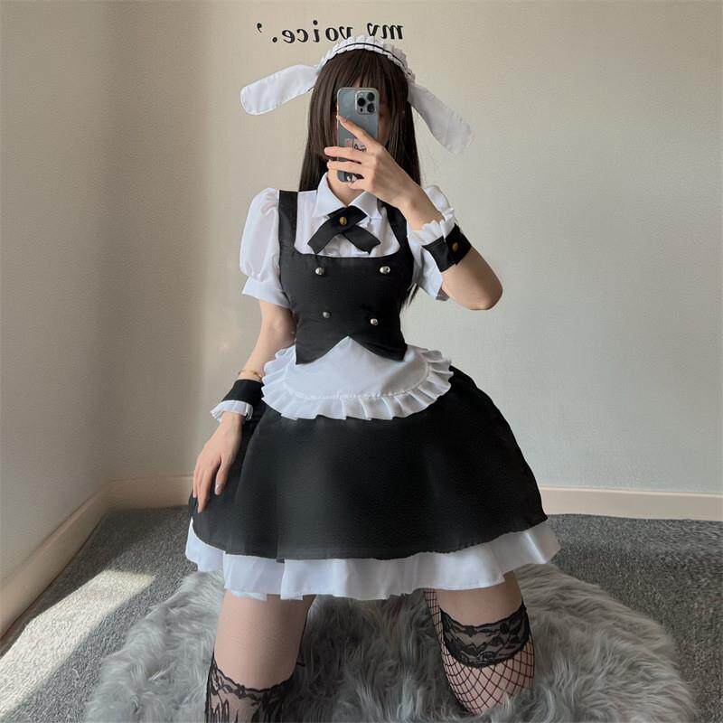 现货日系黑白女仆 小兔子耳朵燕尾黑暗连衣裙 俏皮lolita蓬蓬裙