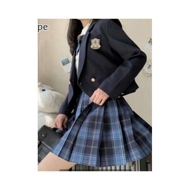 正版JK制服套装原创jk西装女全套校供徽章一粒扣绀色西服外套短款