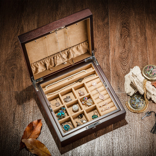 水曲柳木质双层带锁手镯首饰盒