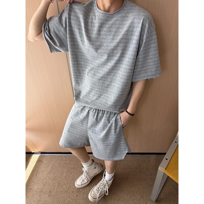潮流时尚条纹短袖短裤休闲套装男