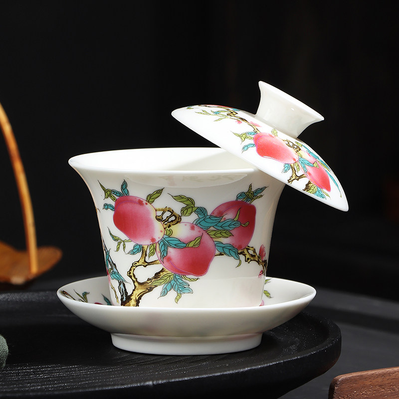 悬停三才盖碗茶备寿桃敬茶碗简约家用泡茶器公司活动LOGO礼品定制