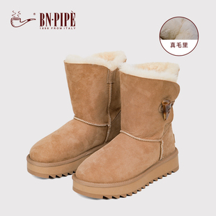 厚底防滑高筒羊毛棉鞋 新款 女 2024冬季 百年烟斗皮毛一体雪地靴女款