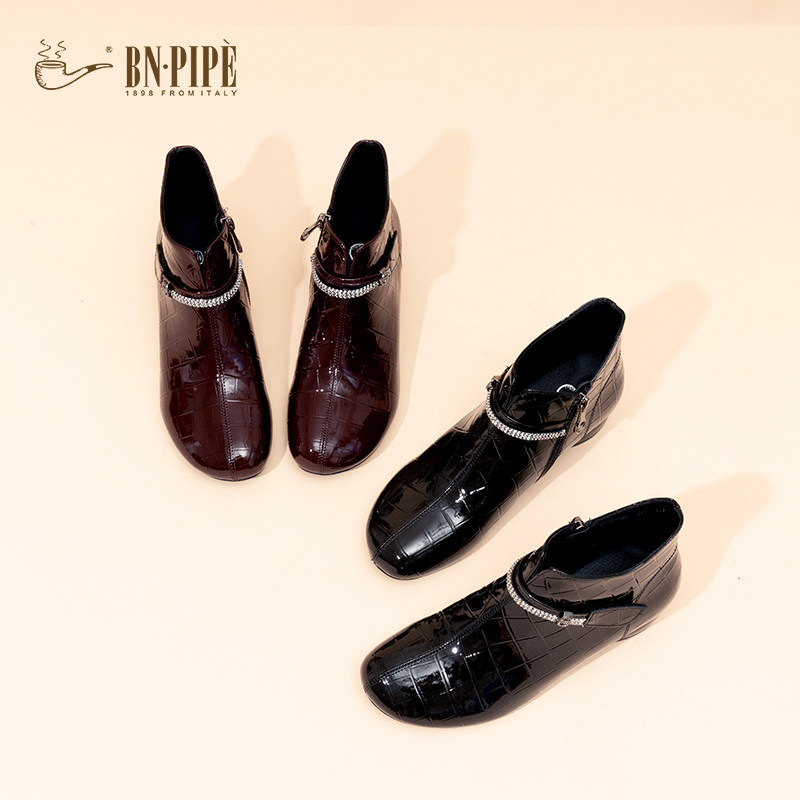 百年烟斗真皮时装女靴圆头鳄鱼纹软底短筒妈妈鞋百搭拉链中跟女靴