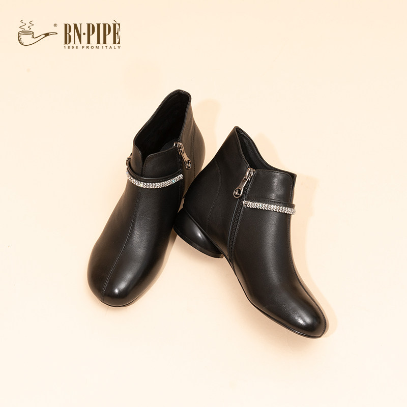 百年烟斗短靴女真皮平底靴春秋加绒新款中年妈妈女靴皮鞋拉链款式