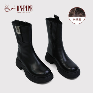 加绒马丁靴女款 百年烟斗黑色真皮靴子中筒靴厚底粗跟2024新款 冬季