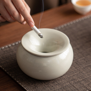 烟灰缸家用汝窑陶瓷茶渣缸水盂中式家用高档漏斗式烟缸防飞灰中式