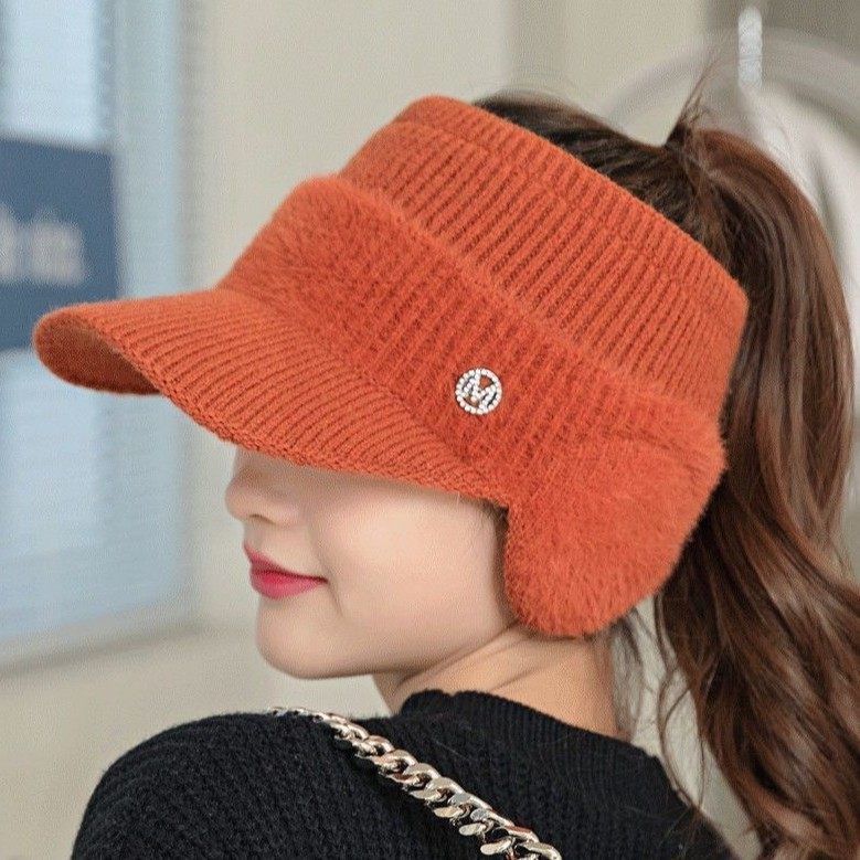 毛线帽子女款2025新款冬高颜值潮牌针织帽女带檐鸭舌帽红色加厚