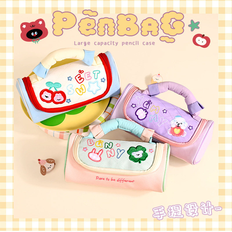 新款韩系ins格子手提笔袋卡通刺绣大容量文具袋学生铅笔盒收纳包