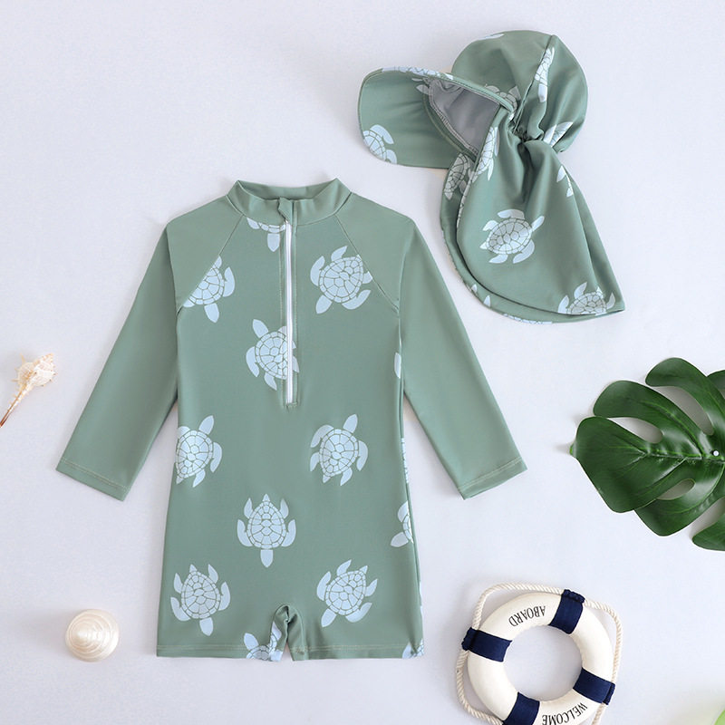 儿童连体泳衣男童防晒速干长袖卡通海龟印花宝宝游泳装婴儿泳衣
