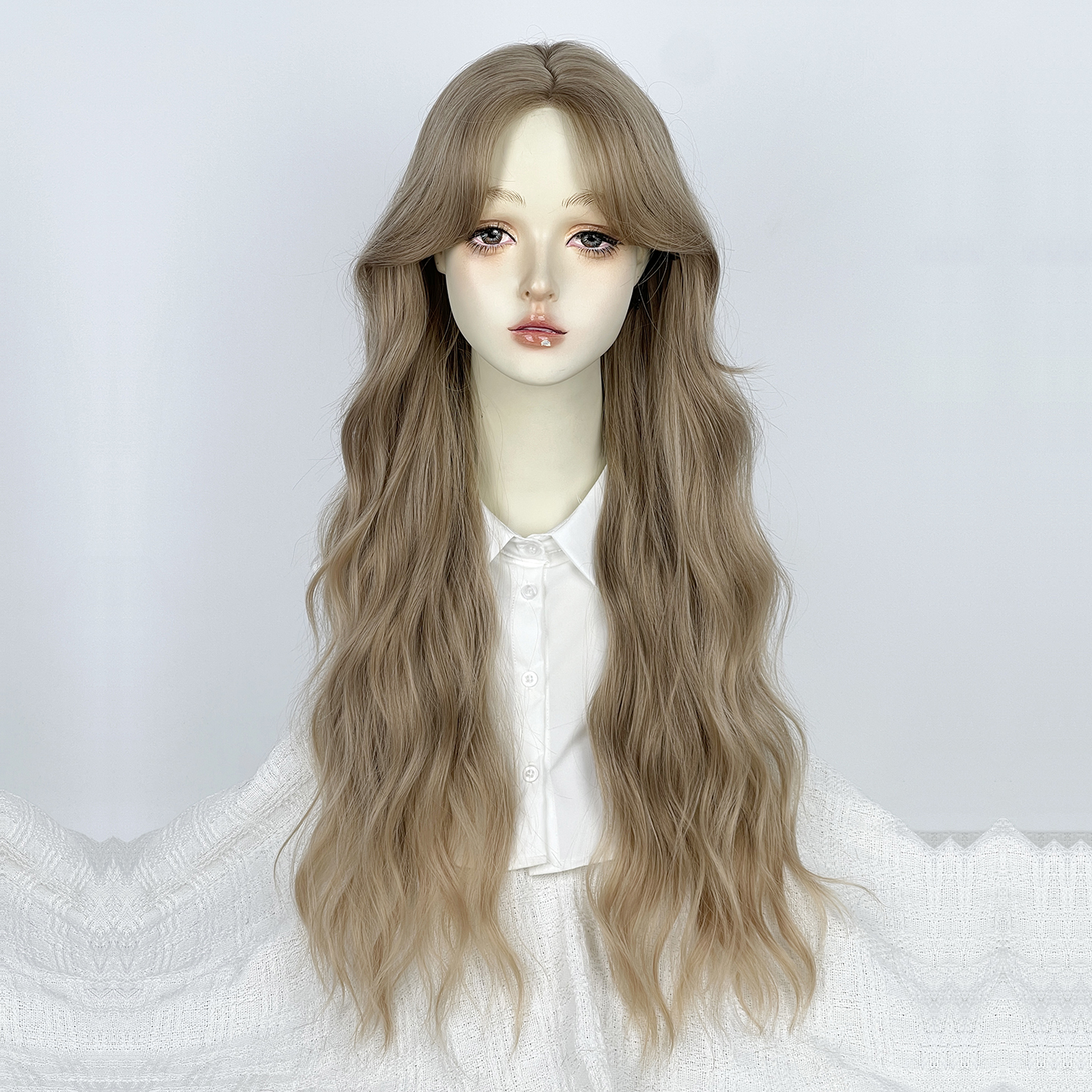 日韩亚麻金色长卷发中分整顶假发