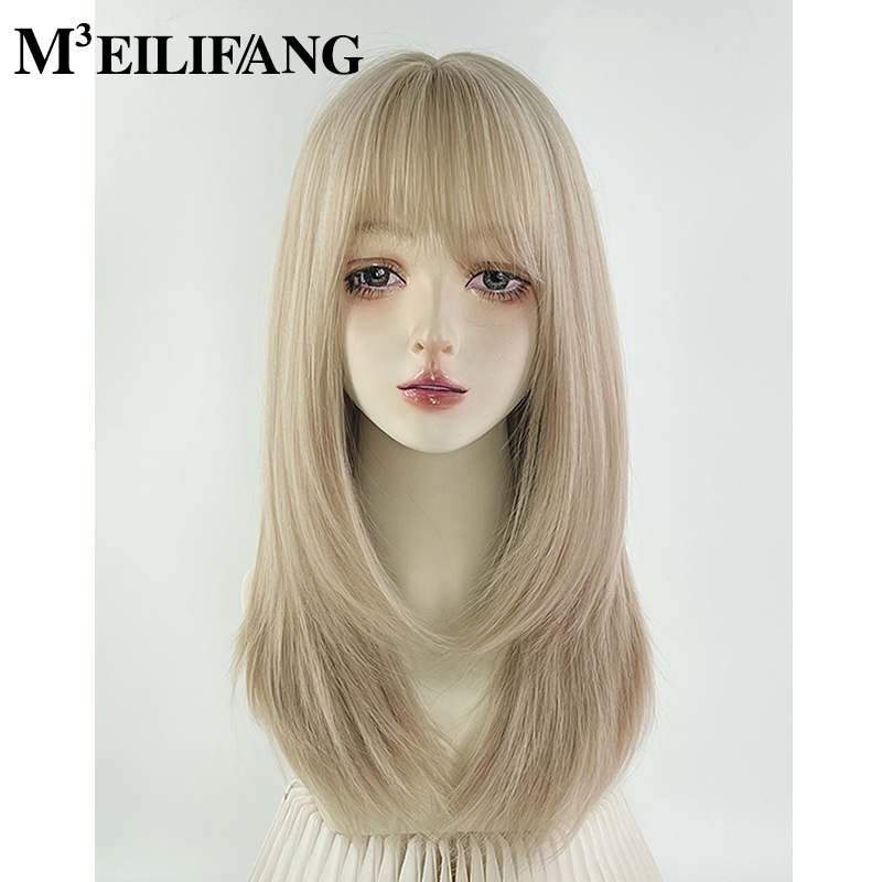 白金色高层次斜刘海长直发假发套