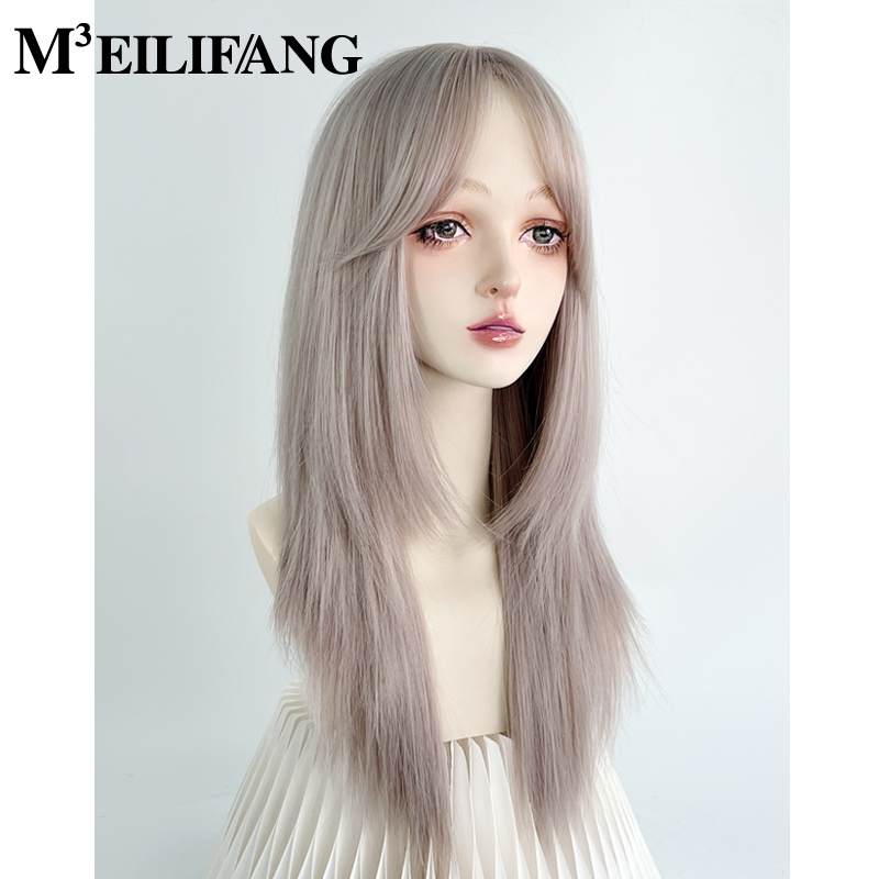 灰粉色高层次八字刘海长直发假发