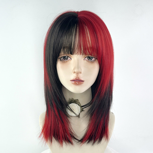 假发女团高层次中长短发Lolita亚文化黑红色刘海挑染锁骨发全头套