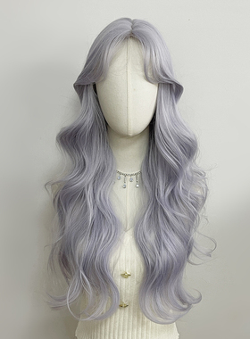 前蕾丝假发女全头套灰紫色浅色中分长卷发大波浪lolita日常洛丽塔