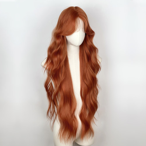 夕阳橘色假发女中分蕾丝长卷发套