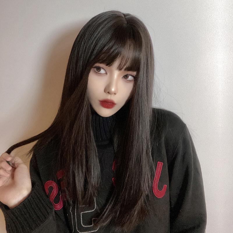 漫画齐刘海黑色长直发假发全头套式女自然日常jk整顶网红中长发型