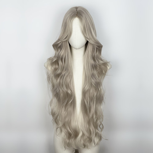 奶茶白金色手织蕾丝假发长卷发套