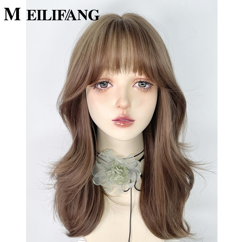 蜜茶亚麻棕韩式中长卷发甜美假发