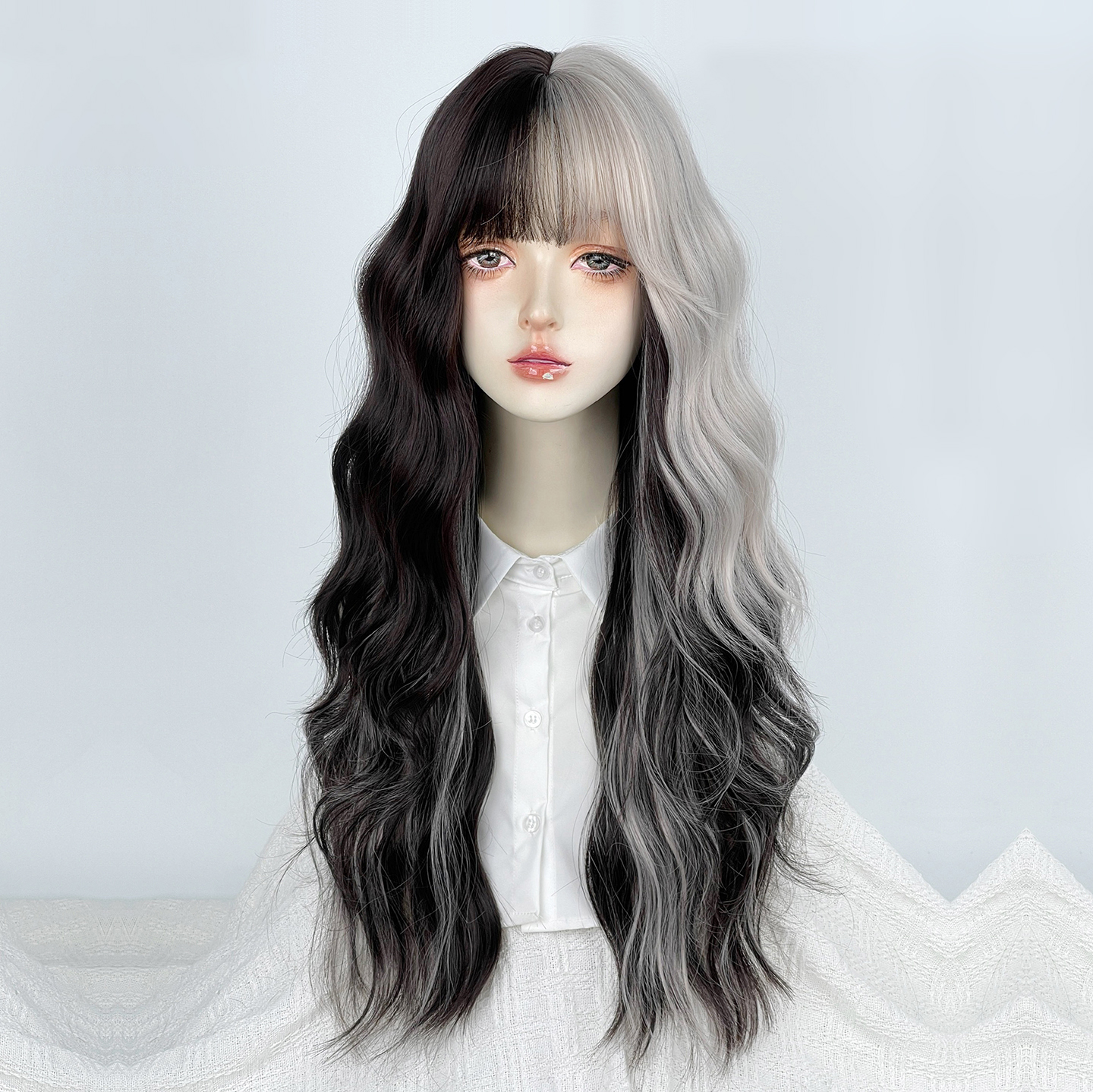 黑白阴阳双拼色长卷发渐变日常